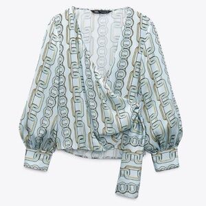 Zara Pale Blue Chain-Print Wrap Blouse